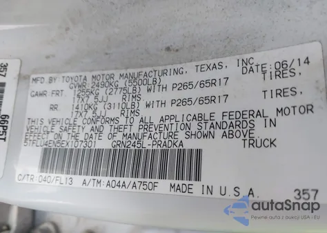 2014 Toyota Tacoma Base V6 z USA, uszkodzony, nr VIN 5TFLU4EN5EX107301